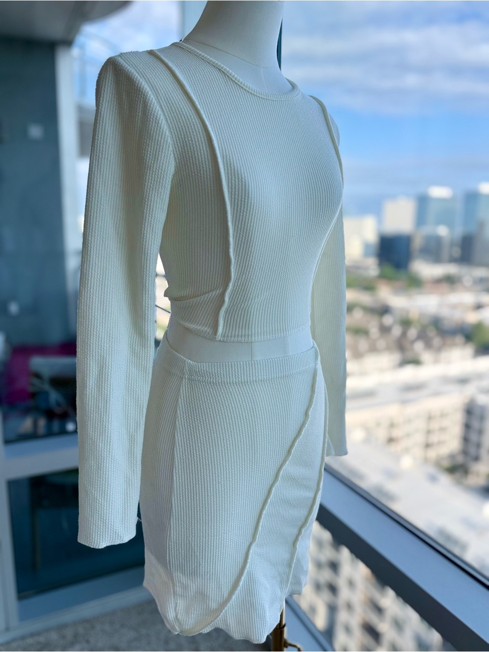 Boohoo Cream Ribbed Long-Sleeve Backless Tie-Back Crop Top & Mini Skirt Set